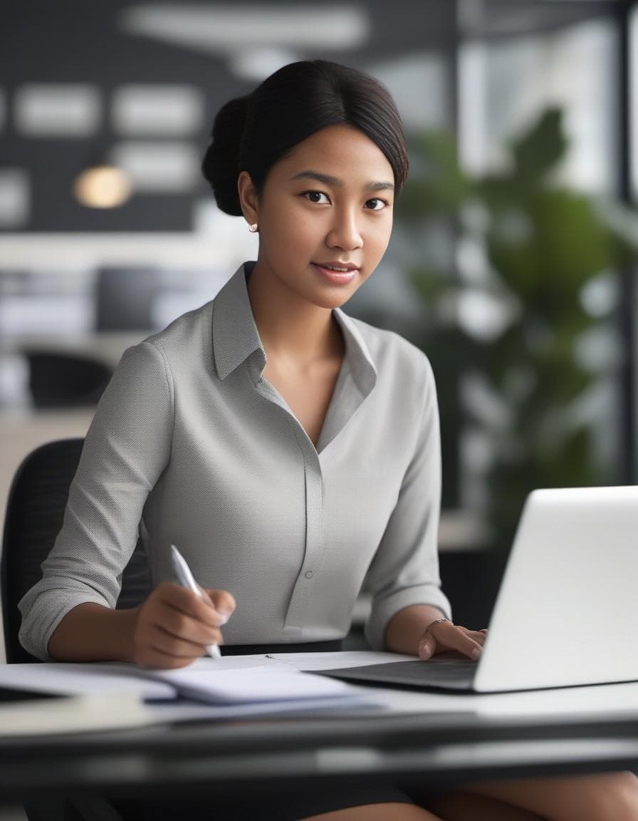 AI generated: sfw, one woman a burnet woman with short hair and a ponytail in a modern office, answering the telep...