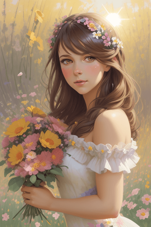 AI generated: commercial illustration of a woman dressed in flowers with flowers in her hair, in the style of artg...