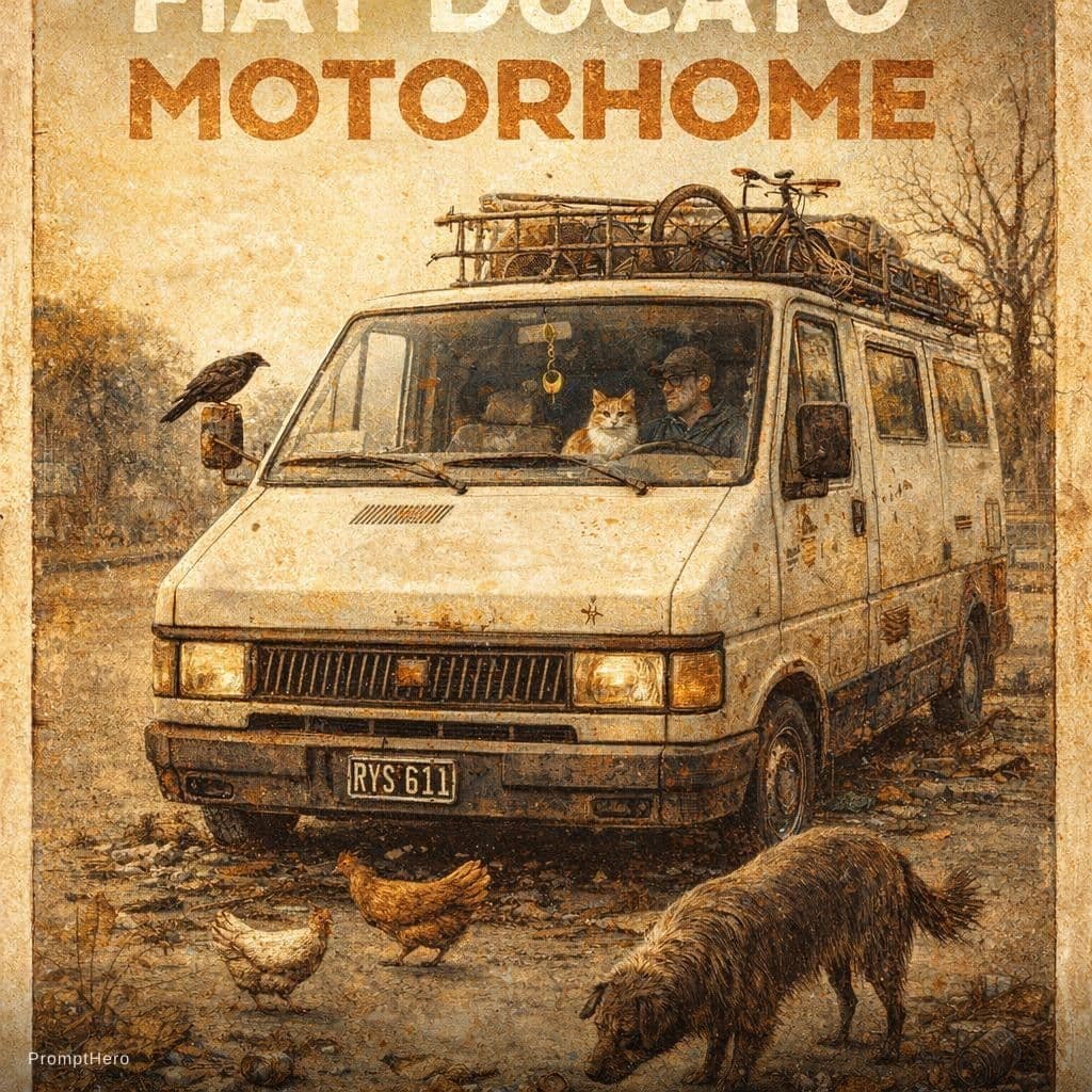AI generated: Fiat ducato motorhome vintage poster, in the style of rustic simplicity, gritty reportage, kombuchap...