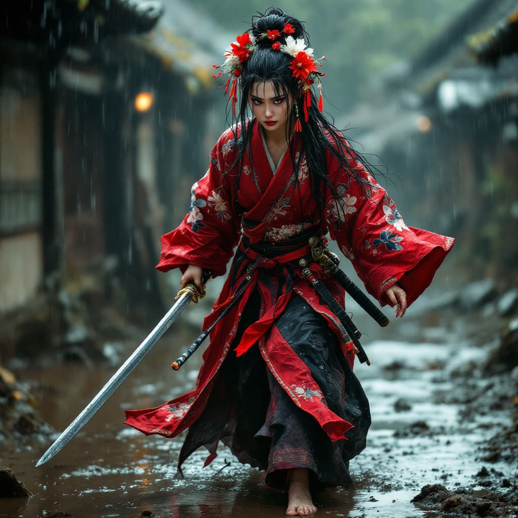 AI generated: Full body view of a fierce samurai woman of Japanese descent in a flowing red and black kimono, her ...