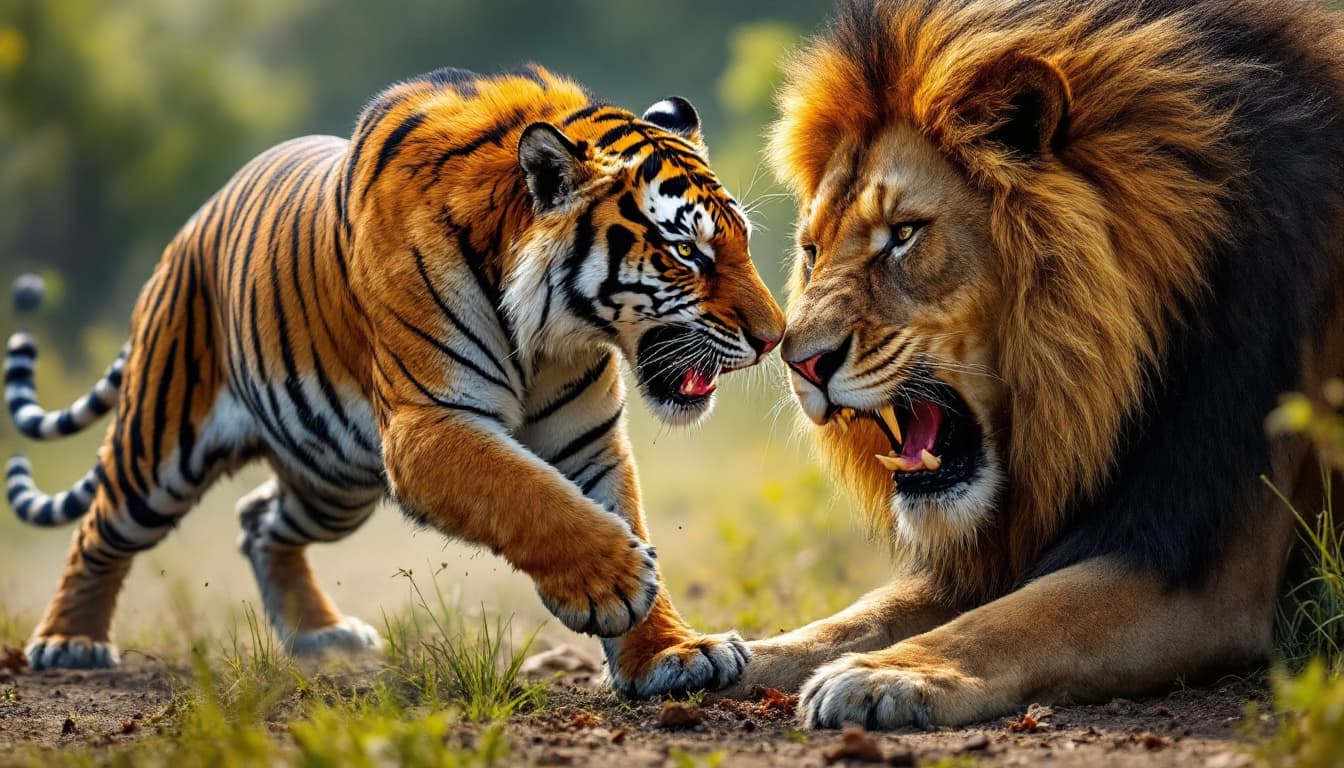 AI generated: a tiger attack to lion