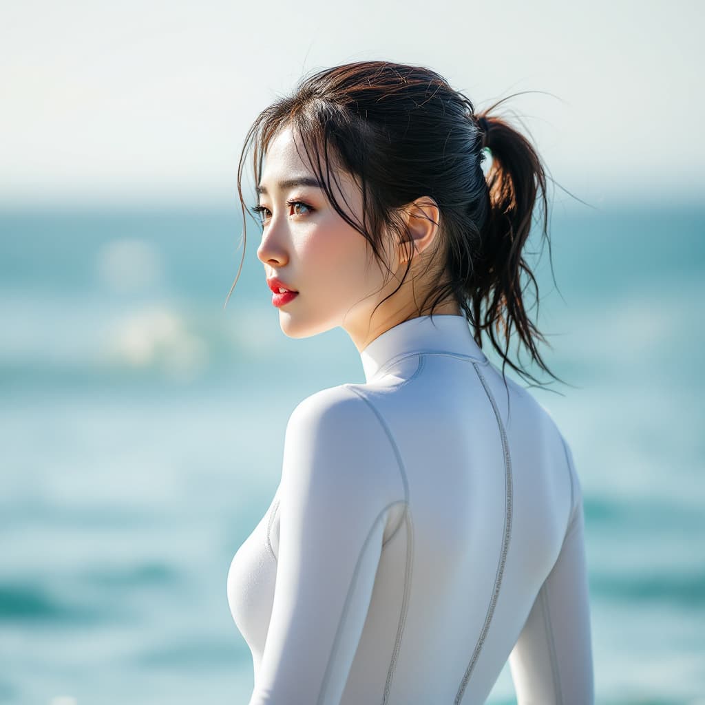 AI generated: High resolution image. A Korean woman in a white freediving suit that completely covers her body. He...