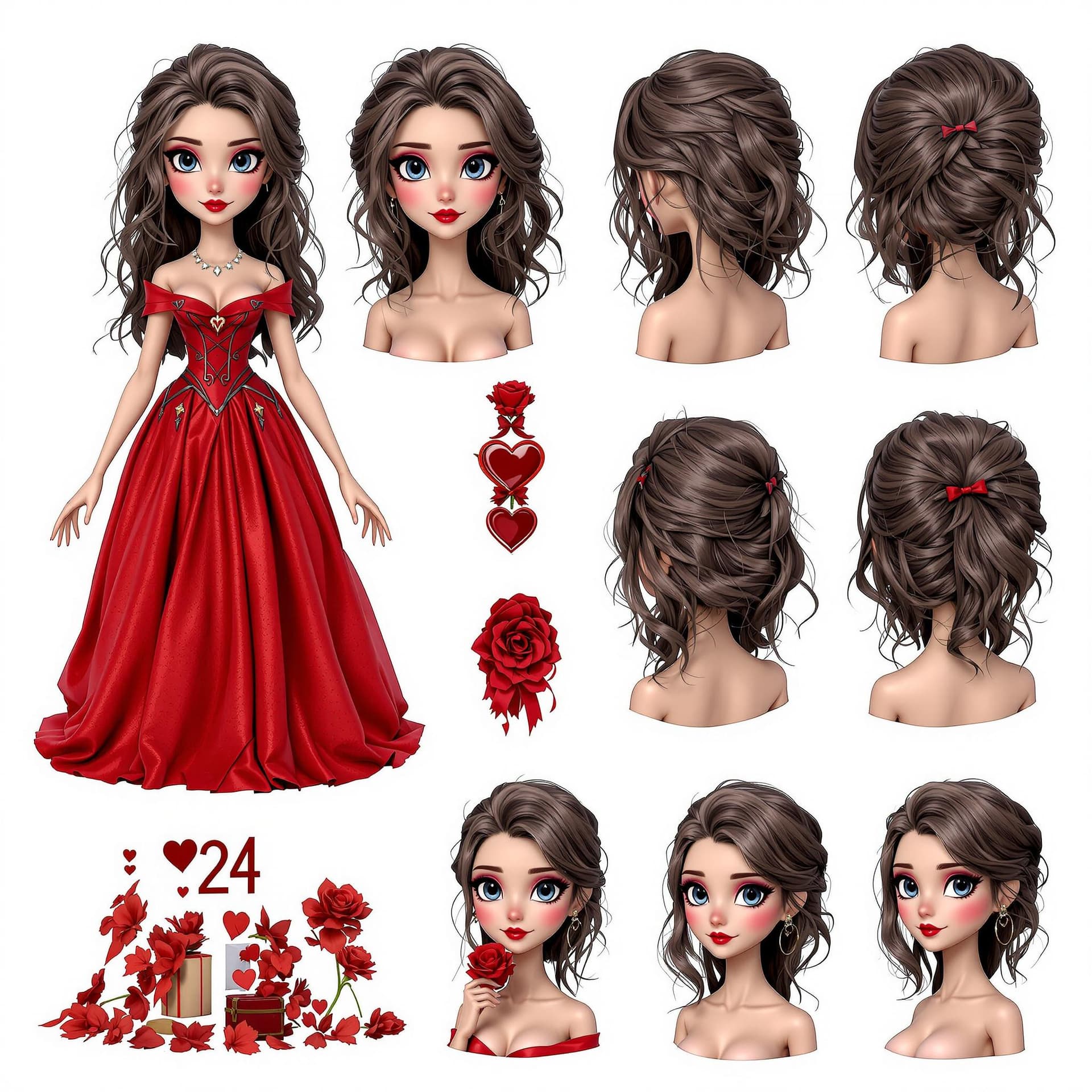 AI generated: Character sheet，diesney valentine, Girl with fasened top hair, not open hair, top fasened hair, 3d p...