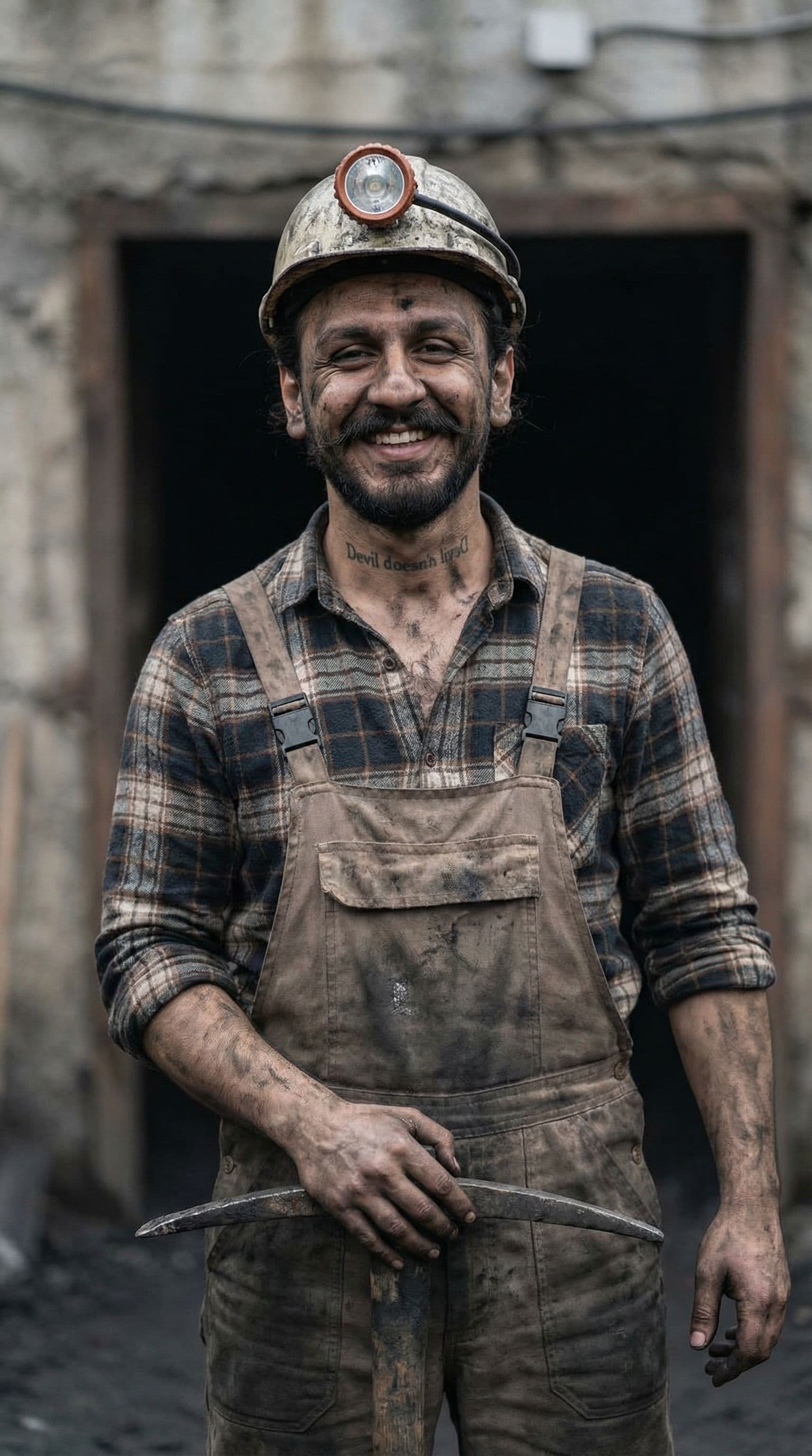 AI generated: gorgeous man dressed as miner, dirty skin, dirty clothes, smile, attractive, flirting, (((full body ...