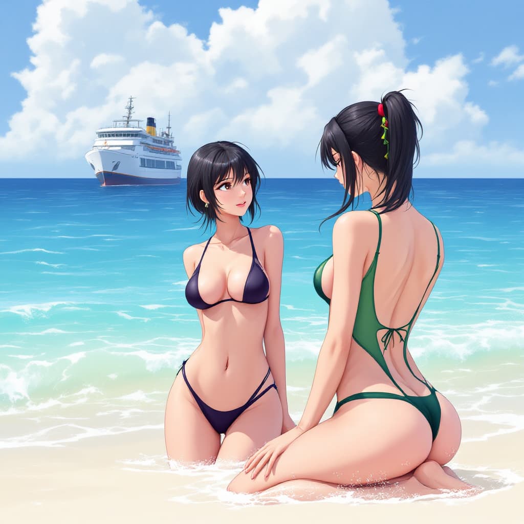 AI generated: Nico Robin and Nami, in beach swimwear, with the ocean in the background showing the ship