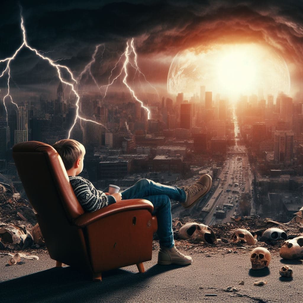 AI generated: Me sitting on a chair at the end of the world not really bothered, apocalyptic cinematic scene