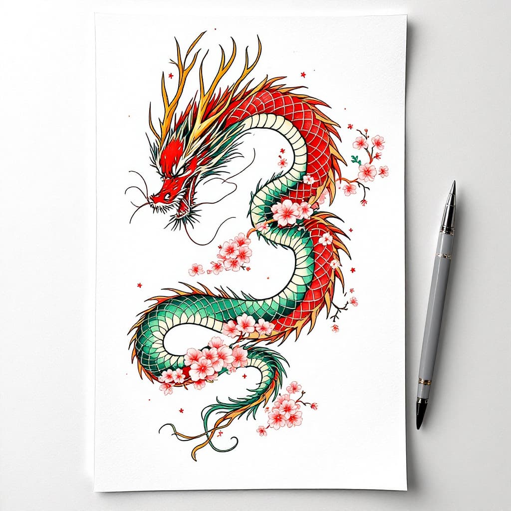AI generated: Top-down angle, hand-drawn Japanese-style tattoo design of a dragon starting at the lower back, coil...