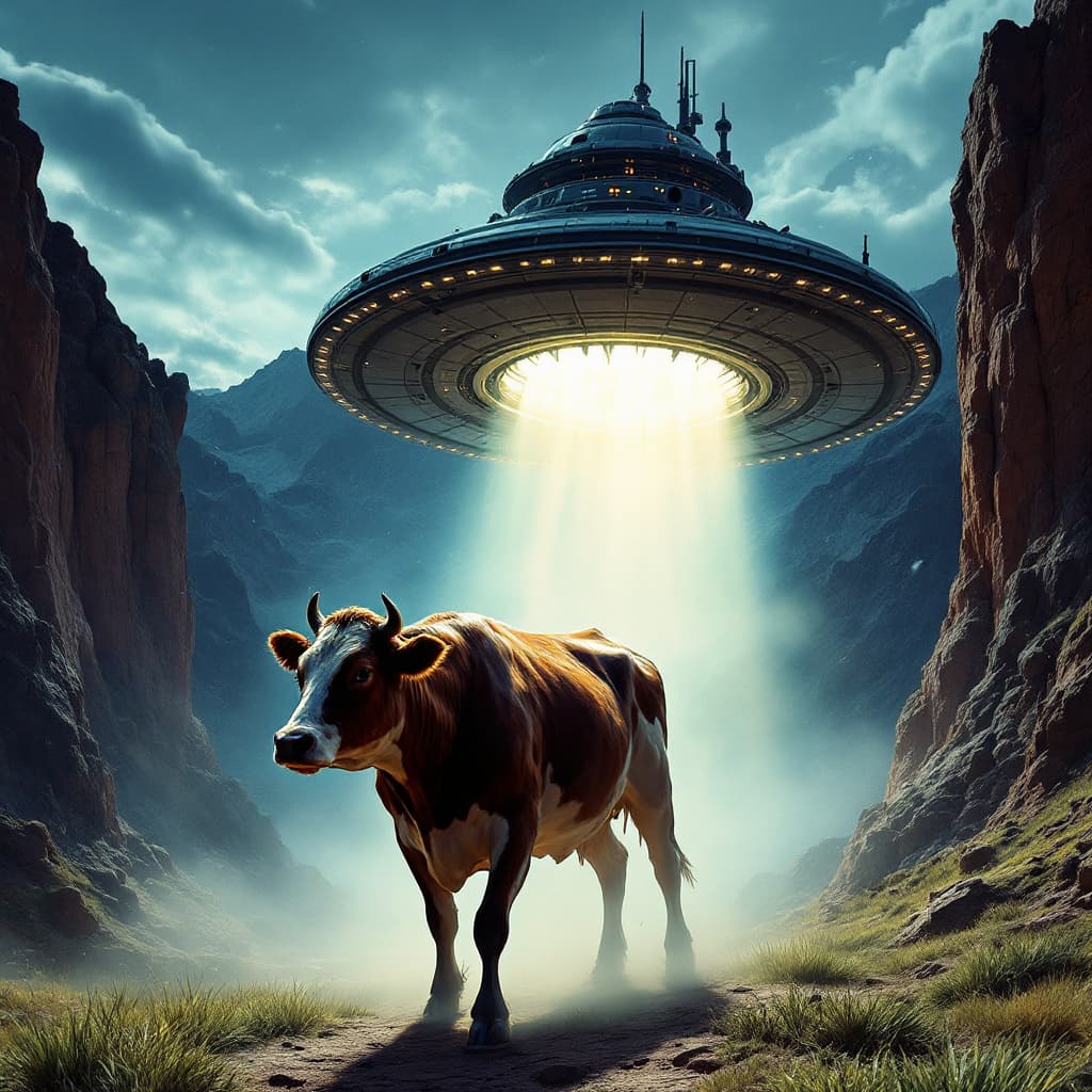 AI generated: a spacecraft abducting a cow. popl poster style