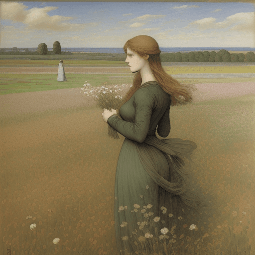 AI generated: woman in the field, insipired by Lucien Lévy-Dhurmer "Le Silence" 1895 and Albert-Émile Artigue "Fle...