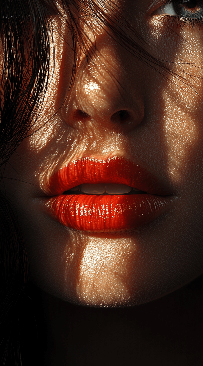 AI generated: A photograph of the face of an fashion model woman, focus on her lips, illuminated by dark shadows, ...
