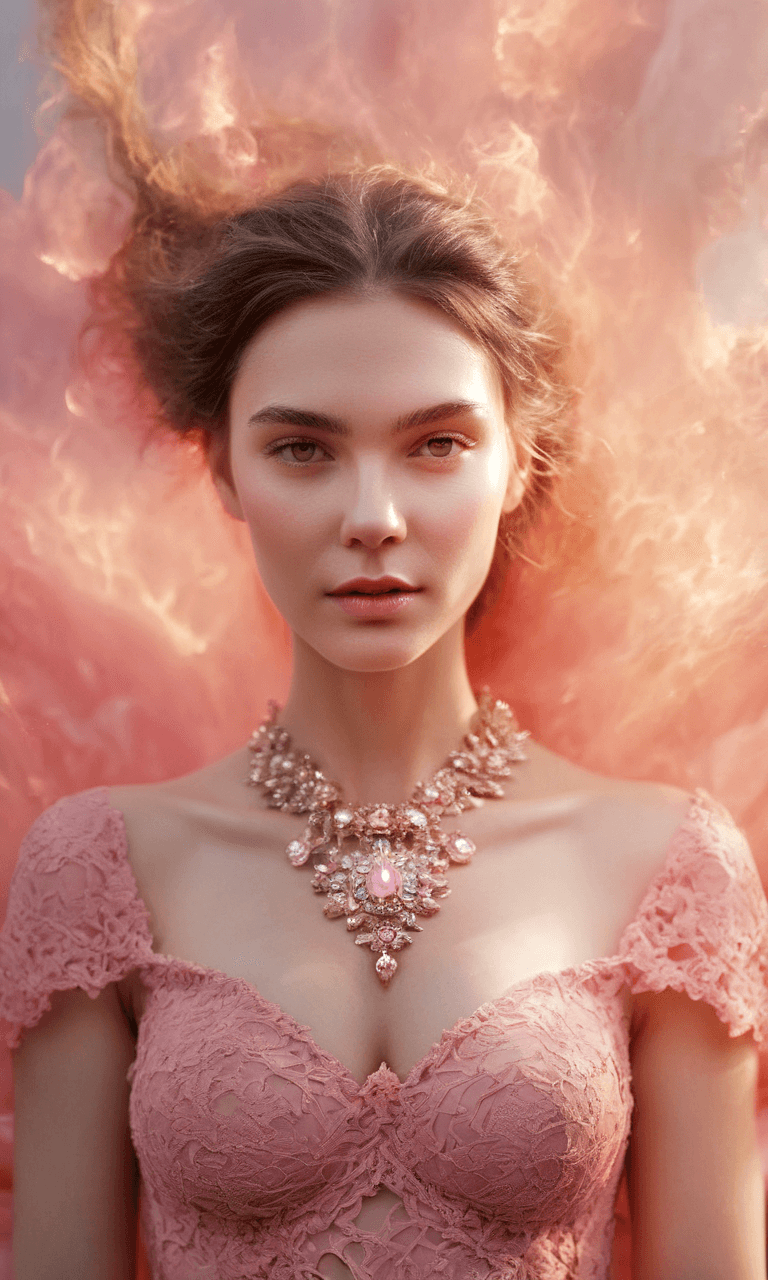 AI generated: best quality, 4k, highres, masterpiece, ultra-detailed, realistic, woman in pink lace dress, jewelry...