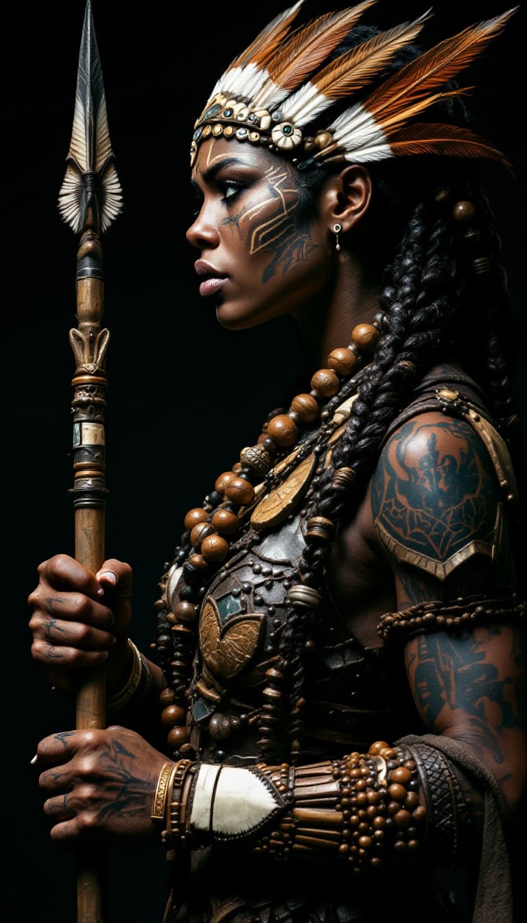 AI generated: 8. A powerful, three-quarter profile of a woman, her face marked by tribal tattoos and her gaze focu...