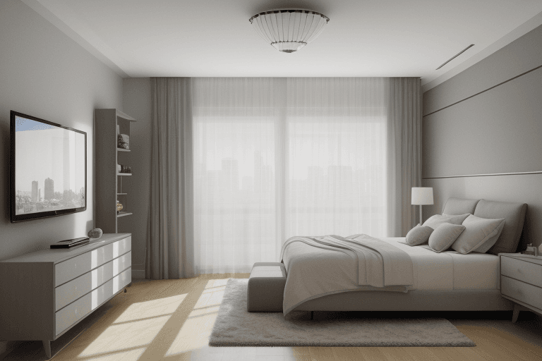 AI generated: interior design, modern bedroom, bedroom, modern, window, wide angle, wideangle, photo, photorealist...