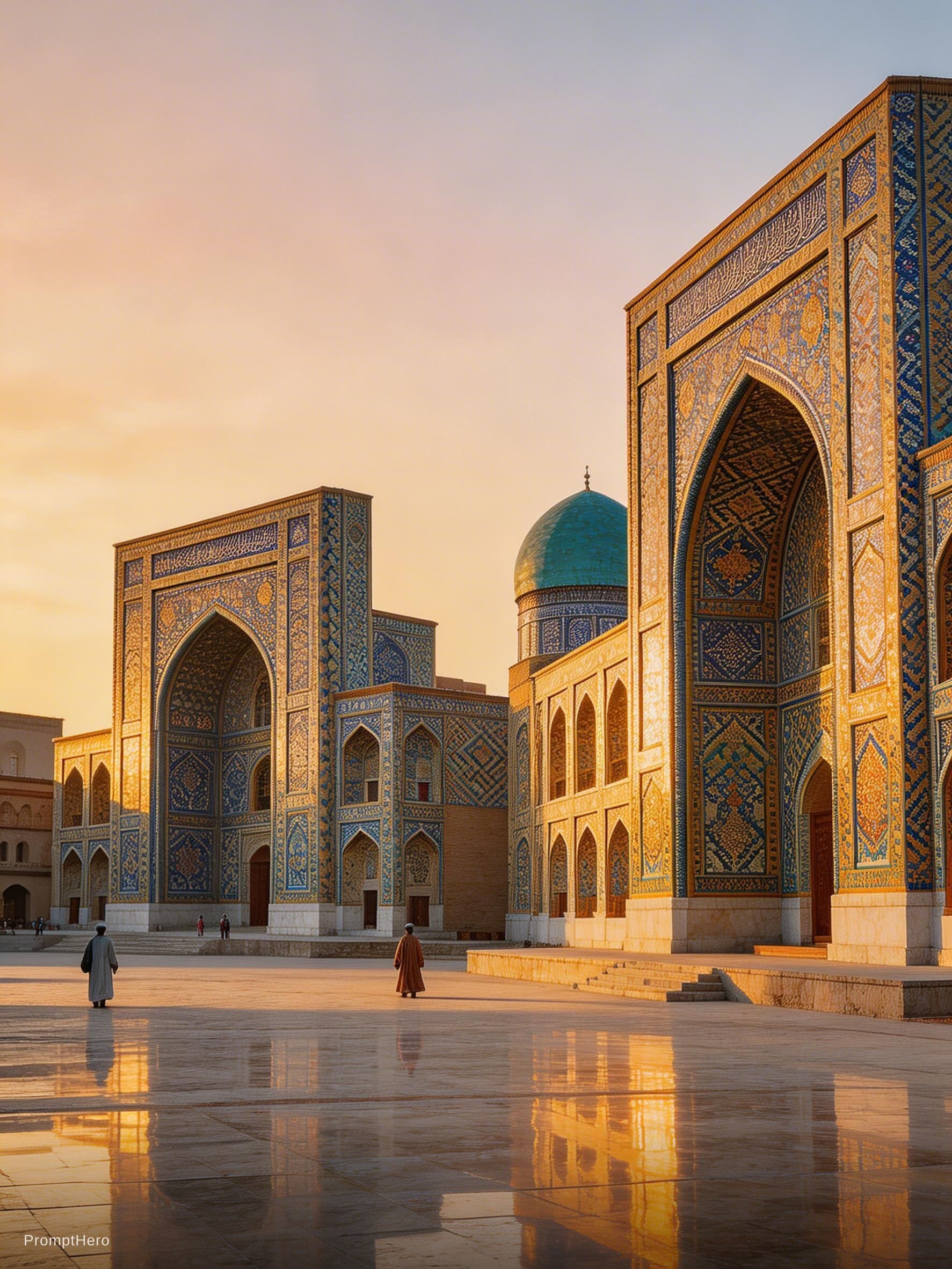 AI generated: A cinematic, ultra-realistic wide shot of Registan Square in Samarkand during the golden hour. The i...
