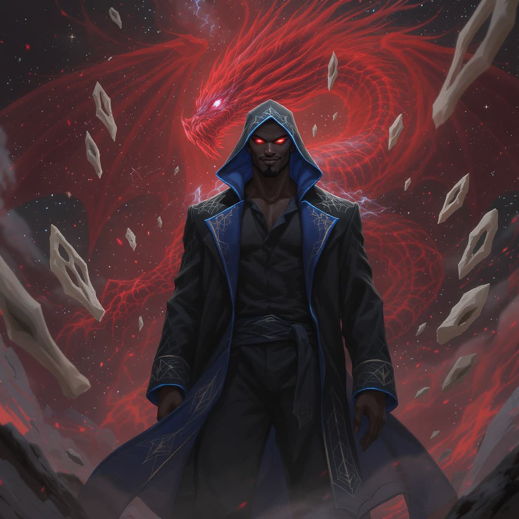 AI generated: An African American male, average height and build, standing calmly amid a fractured cosmic battlefi...