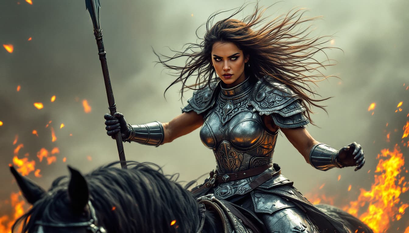 AI generated: A fierce warrior woman, adorned in intricately designed silver armor, rides a powerful black horse, ...