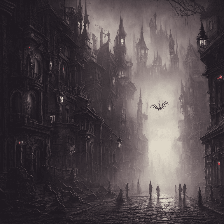 AI generated: Halloween Street, creepy haunted city streets, Hyperdetailed, dark fantasy, magic, massive castle, L...
