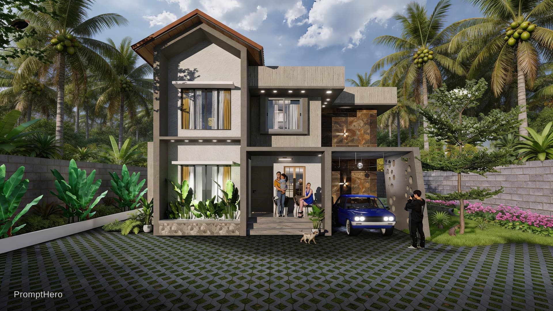 AI generated: Ultra-realistic Kerala tropical landscape with tall coconut trees, dense green foliage, and lush gar...