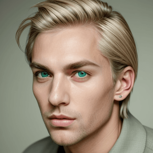 AI generated: His face is angular with a strong jawline, softened by a hint of stubble. His dusty blonde hair fram...