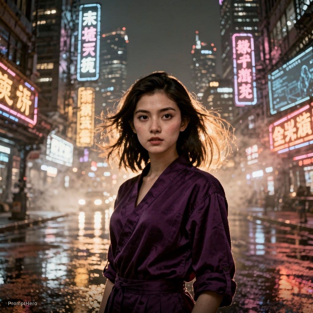 AI generated: a girl in a purple top in a neon city, in the style of chinapunk, iconic album covers, soft-focus po...