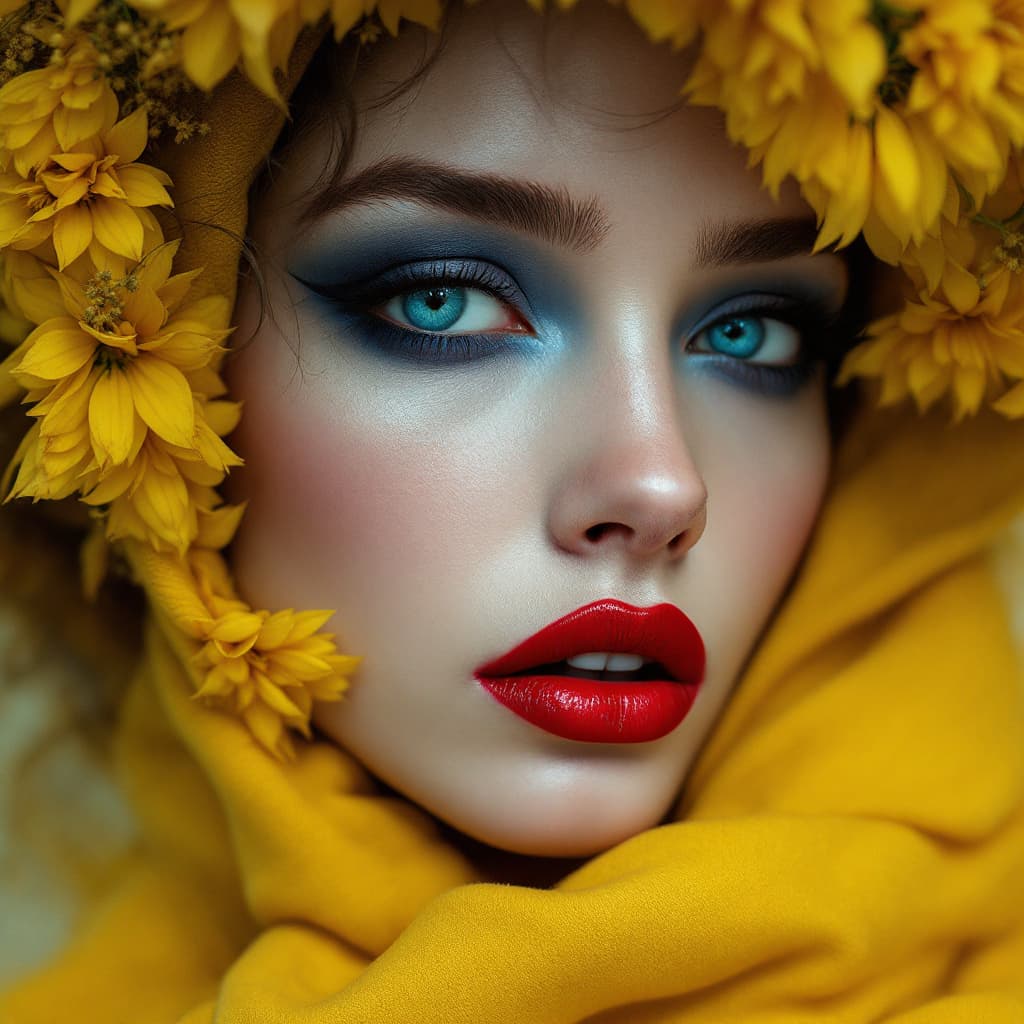 AI generated: A surreal and emotional portrait of a woman with porcelain skin, vivid red lipstick, and intense blu...