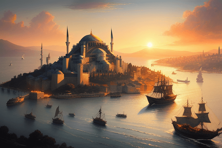 AI generated: a beautiful illustration of medieval istanbul with ottoman people and ships scenery landscape, lord ...