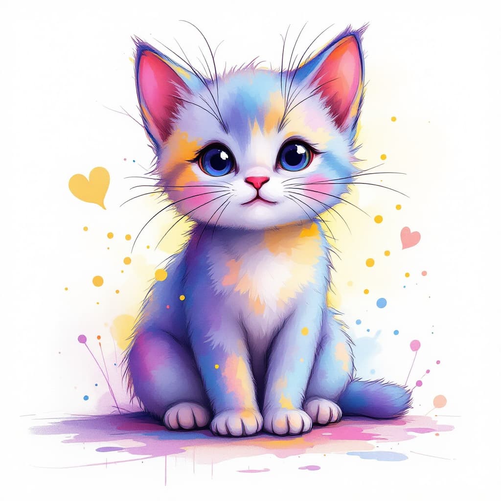 AI generated: A realistic sketch of a sweet little cat sitting on the ground, delicate, very basic drops and splas...