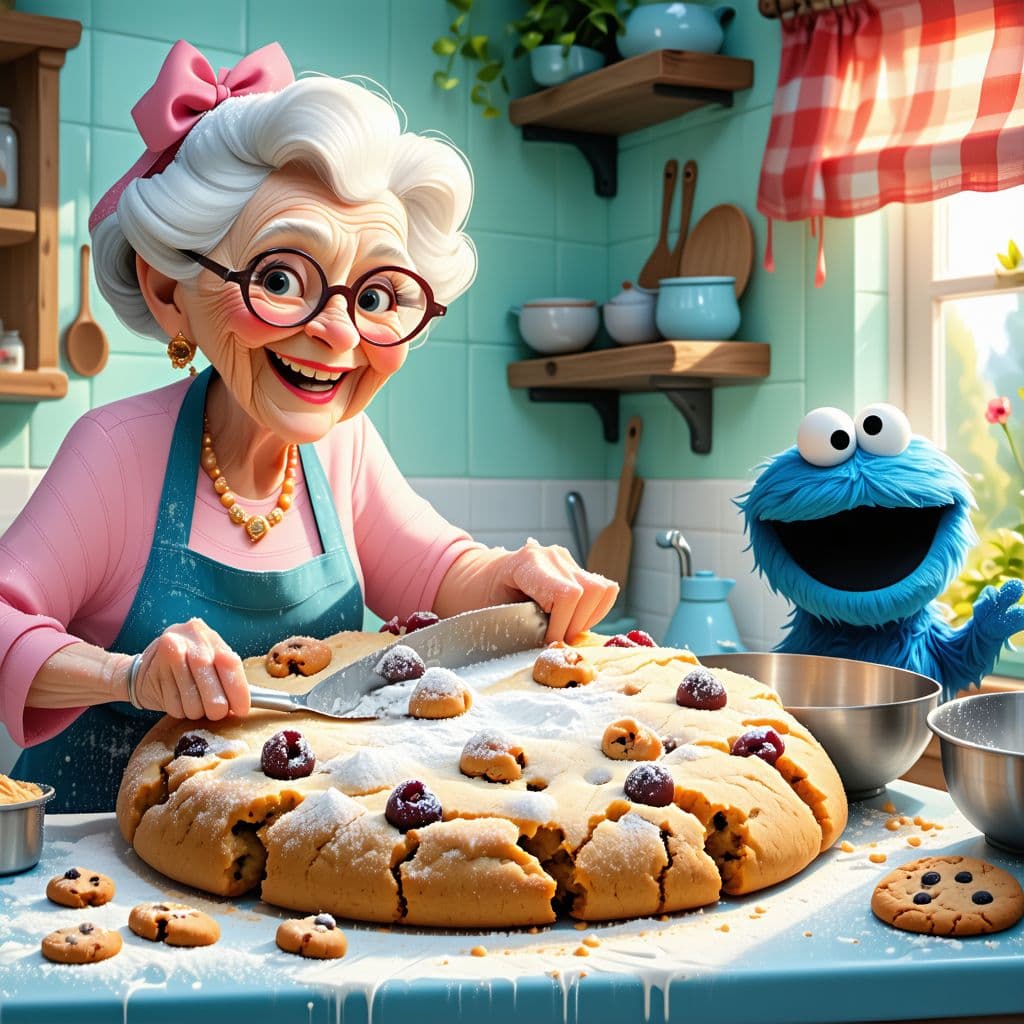AI generated: charming scene of a loving grandma in her kitchen, shaping a giant cookie with a big smile, Pixar-in...
