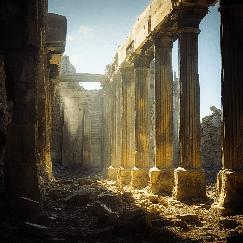 AI generated:  alien ruins, scifi, blurred, soft light, golden ration, future