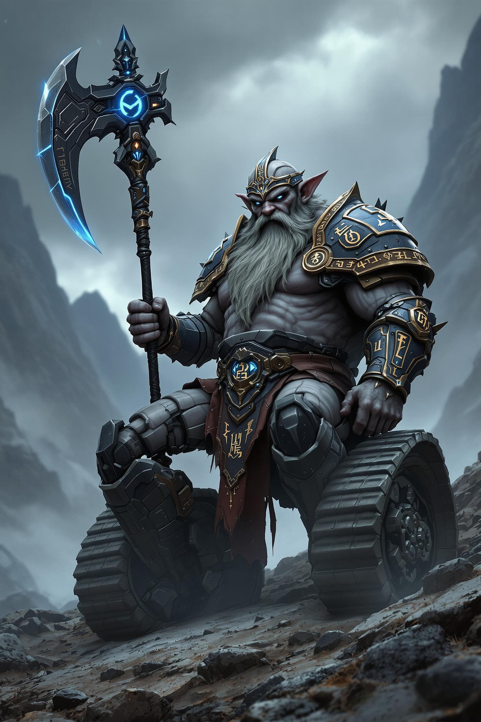 AI generated: High resolution photo full body, grey skin dark dwarf fighter, amputated legs!!! connected to tank l...