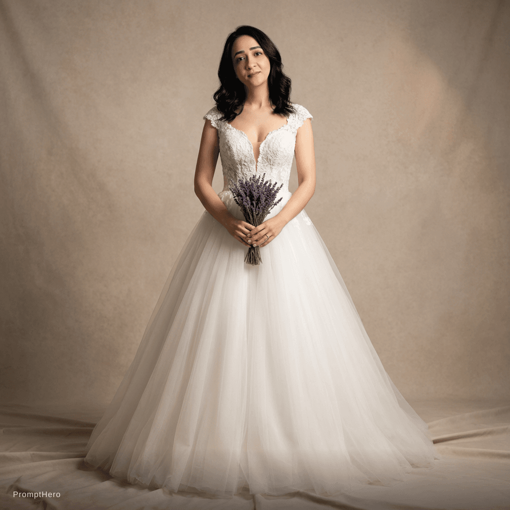 AI generated: Generate a photo of this woman attached. A full-length studio portrait of a young woman wearing an e...