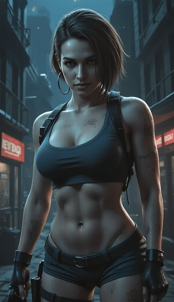 AI generated: Jill Valentine Egy vad női karakter magabiztosan áll egy sötét, elhagyatott városi sikátorban, testh...