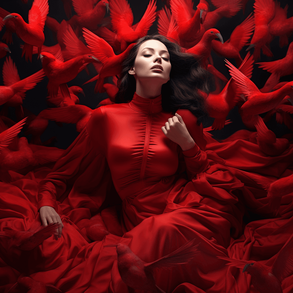 AI generated: woman in red birds around her, in the style of dreamlike compositions, album covers, bold and colorf...