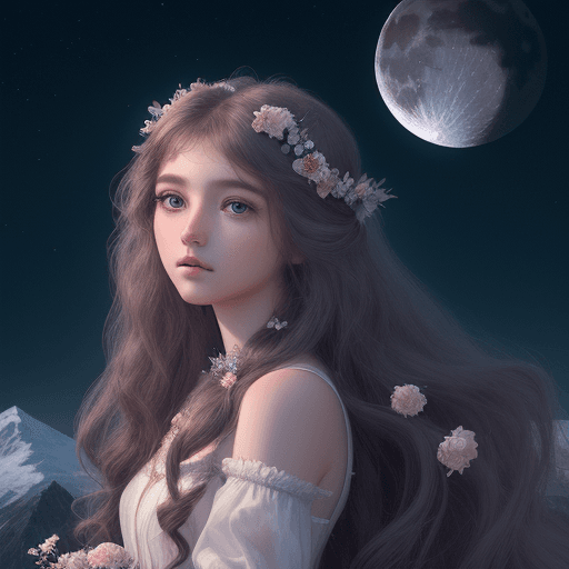 AI generated: High resolution photography OF GIRL STAND
  ON MOUNTAIN AND SEE THE MOON. AESTHETIC, DEEP THOUGHTS, ...