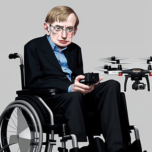 AI generated: Stephen William Hawking using drone while sitting on a wheelchair