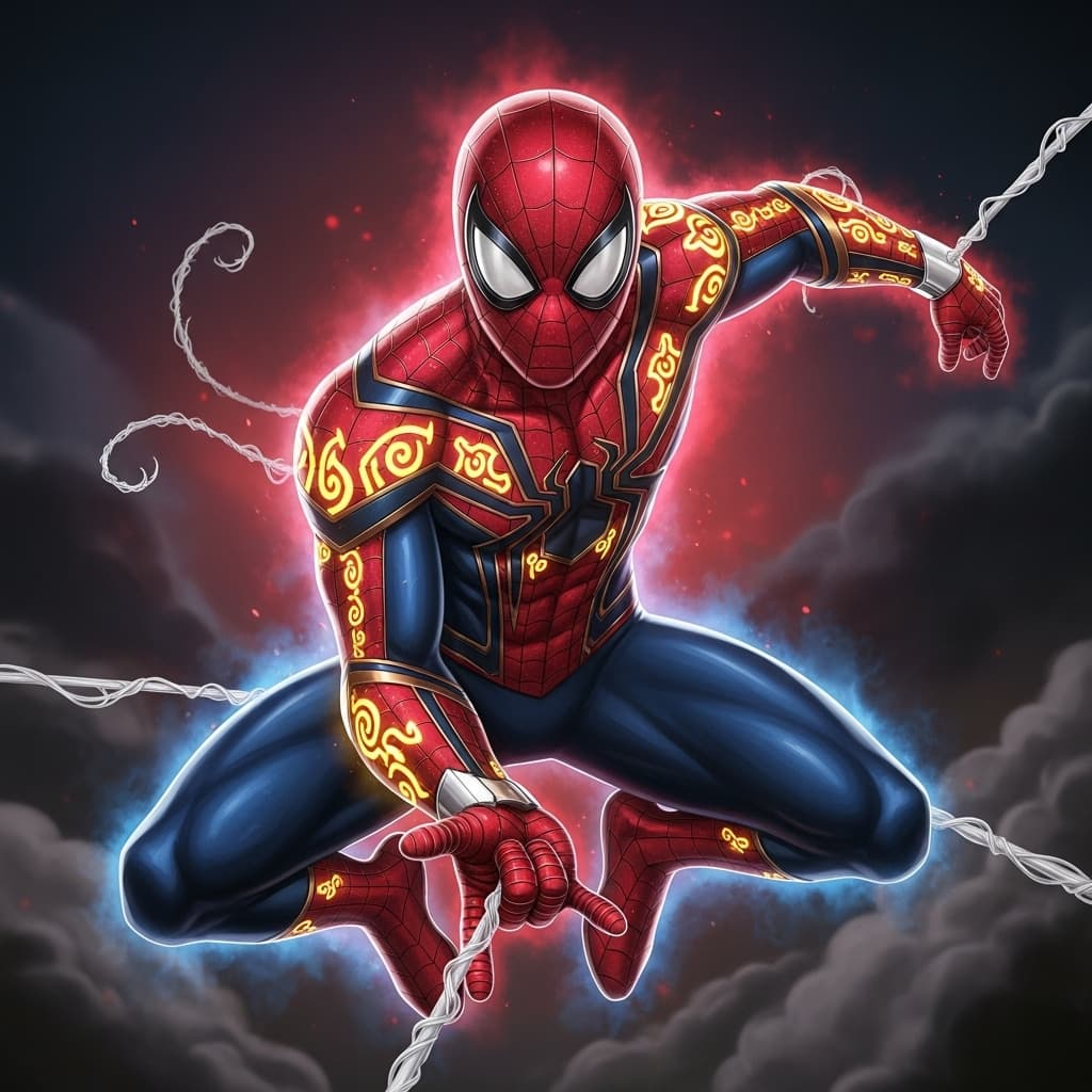 AI generated: a high angle shot of Spider-man character design, body is adorned with glowing golden runes, red and...