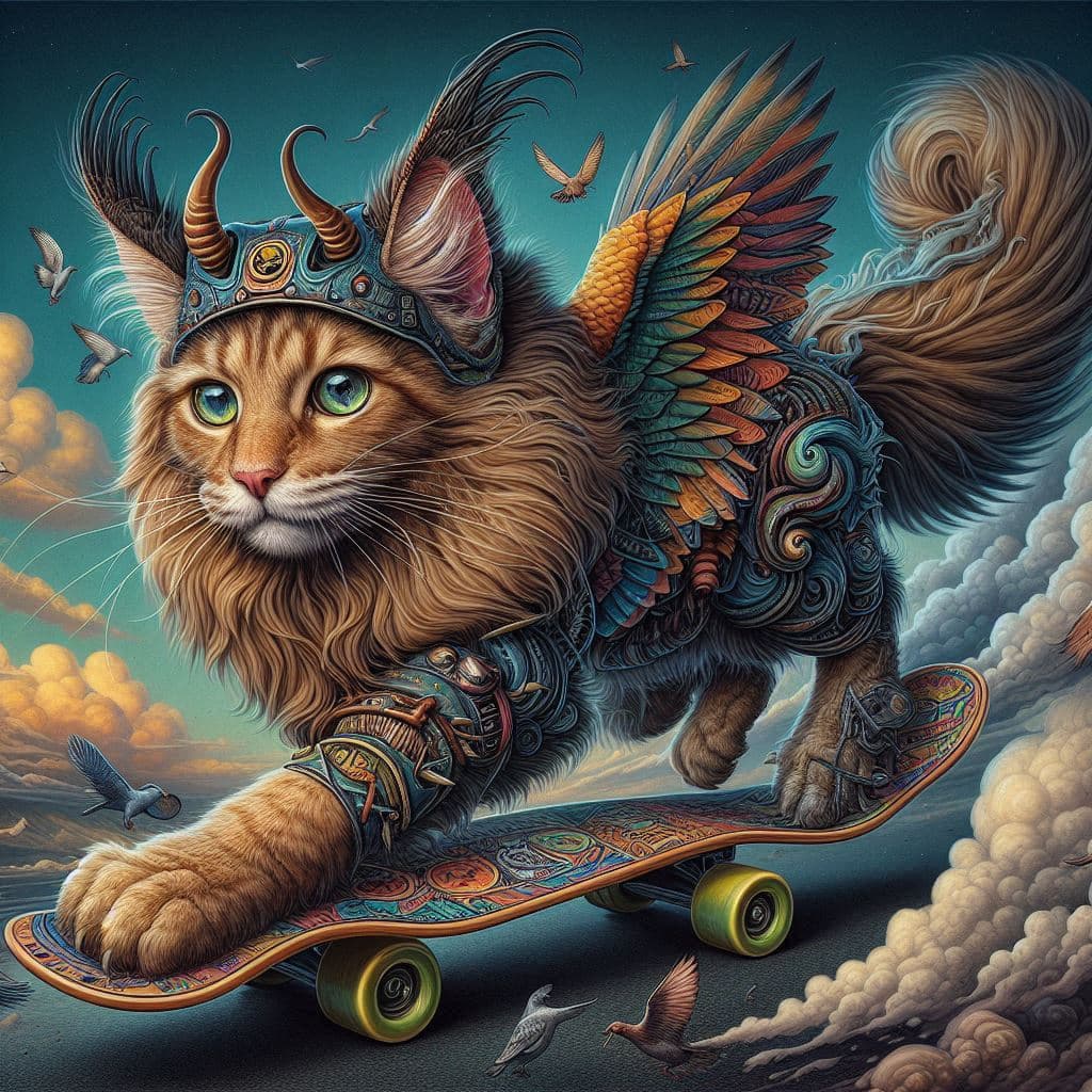 AI generated: A Maine Coon skateboarding, style of surrealism, lowbrow art