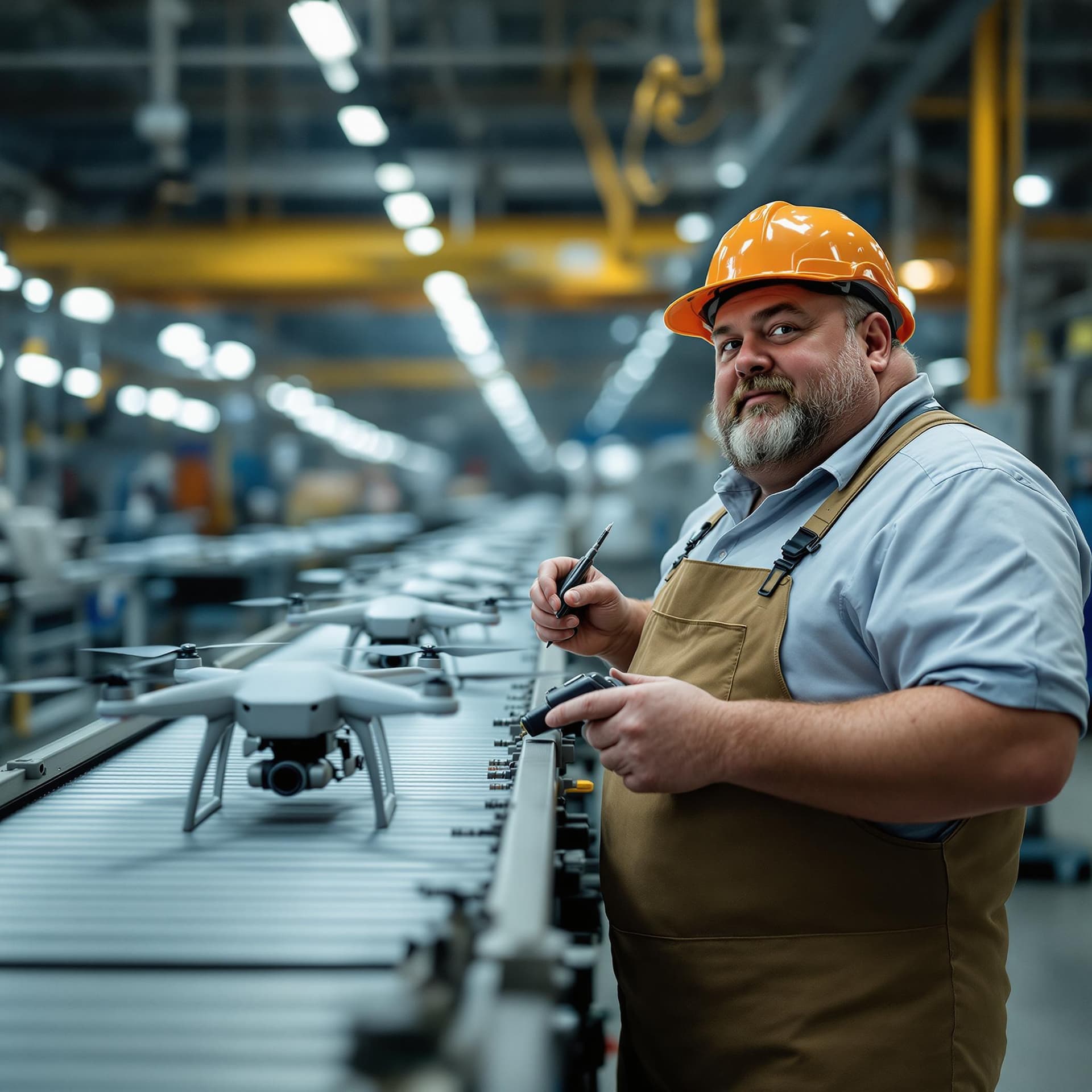 AI generated: In the photo, a fat factory worker in the workshop stands at a conveyor belt along which drones are ...