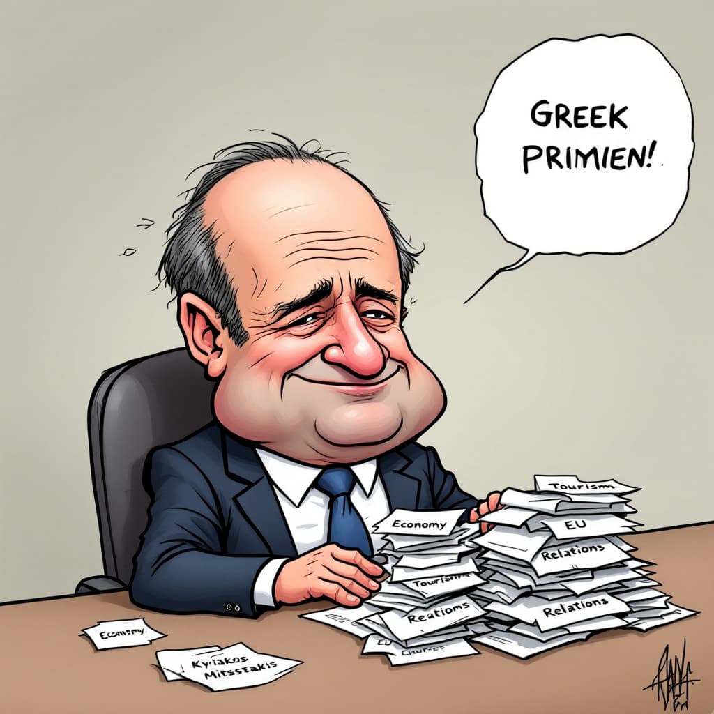 AI generated: A satirical caricature of Kyriakos Mitsotakis, the Greek Prime Minister, with an oversized head and ...