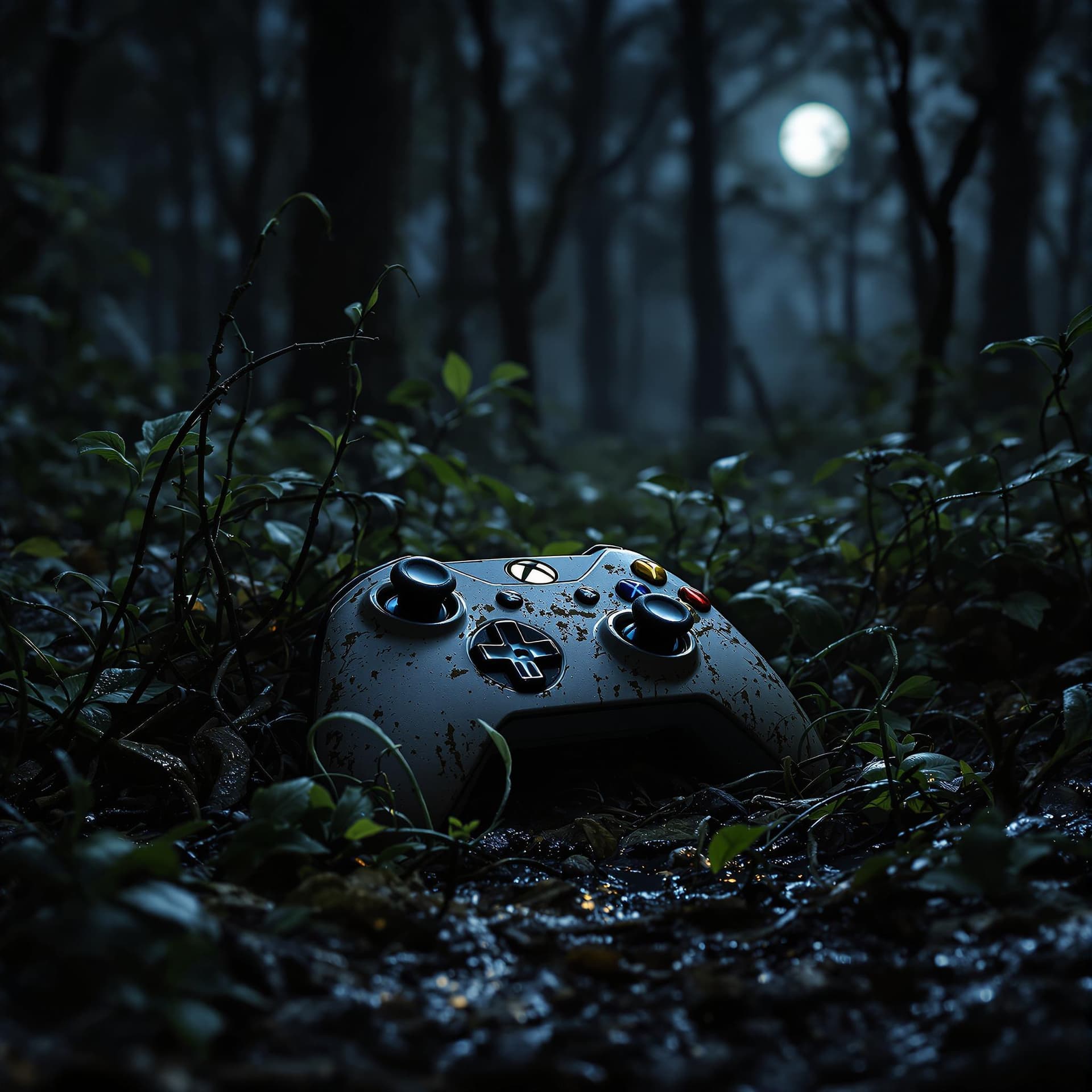 AI generated: A realistic image of an Xbox controller abandoned in a dense forest at night, partially buried in mu...