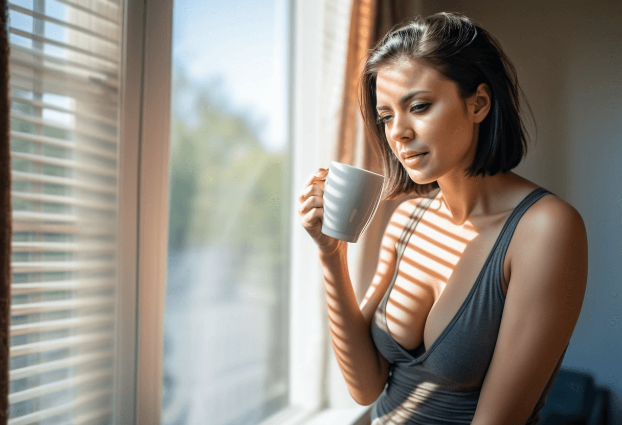 AI generated: woman, early morning, from an angle, drinking coffee, short brunette hair, straight hair, tank top, ...