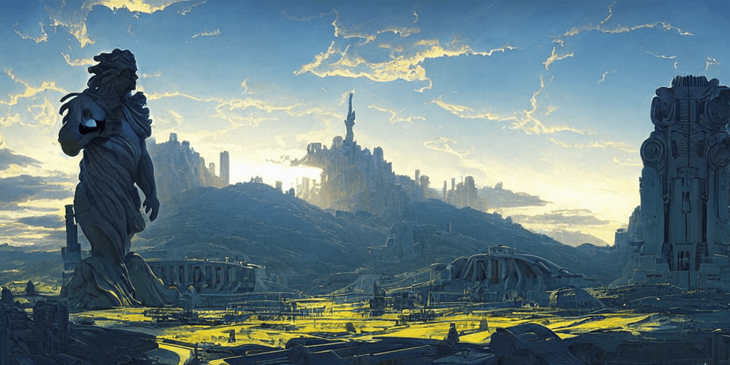 AI generated: futuristic sci-fi high-tech city of Atlantis zeus statue and hill valley in late afternoon light, wi...