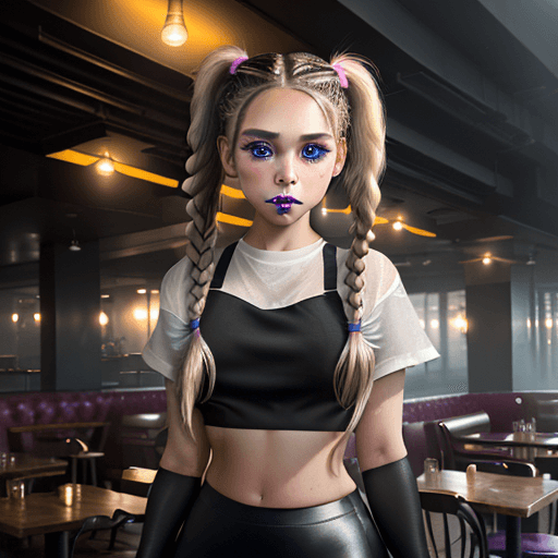 AI generated: Hyperrealistic art, young girl hair styled as Braided pigtails, Moist Fantasy Makeup, wearing black ...