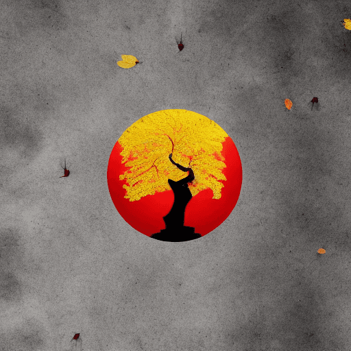 AI generated: Abstract space of a buddhist temple, monk who has become a tree, lost, red leaves, wind, fractal, wo...