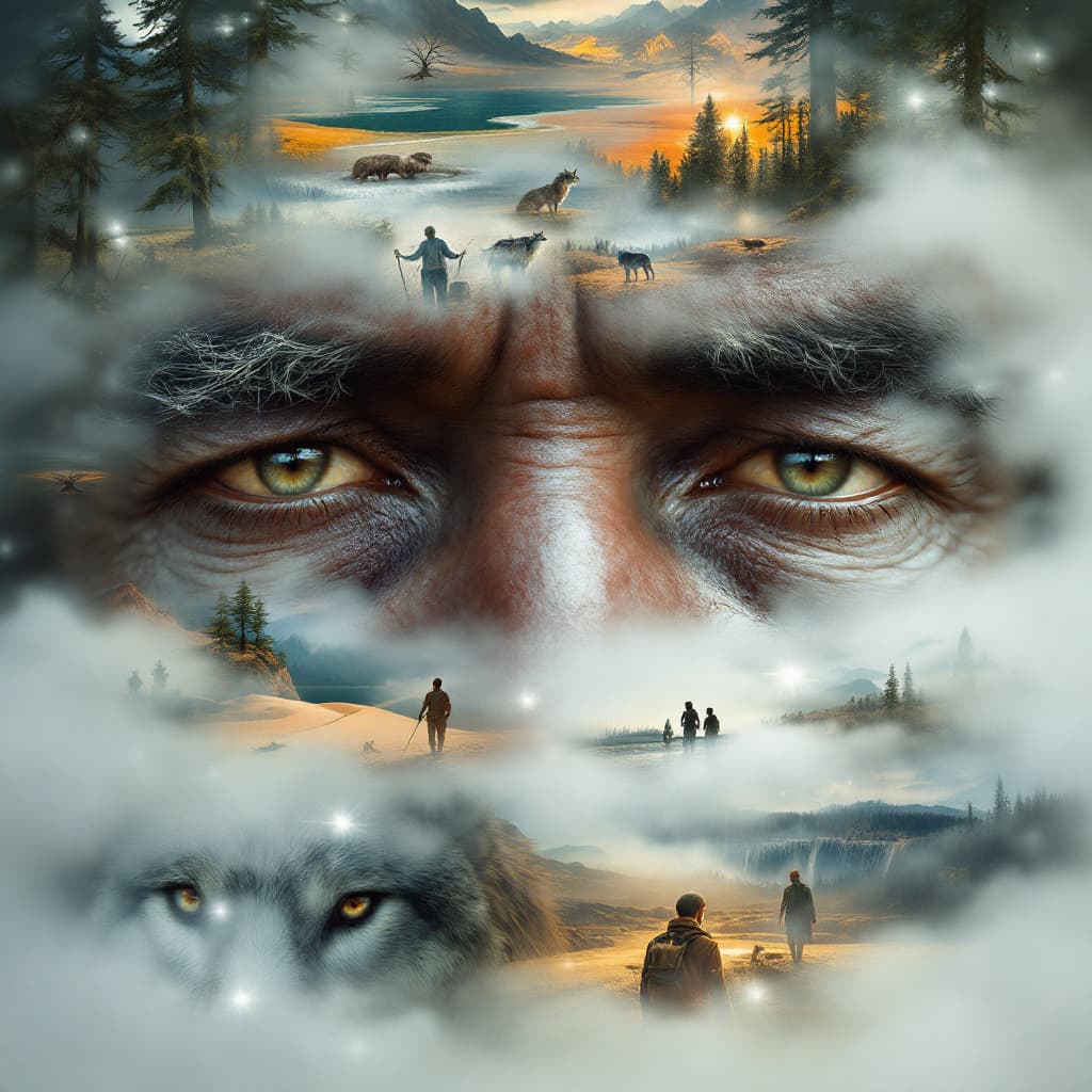 AI generated: digital painting, ultra realistic, very detailed eyes of an old aborigines shaman, sergio Leone styl...