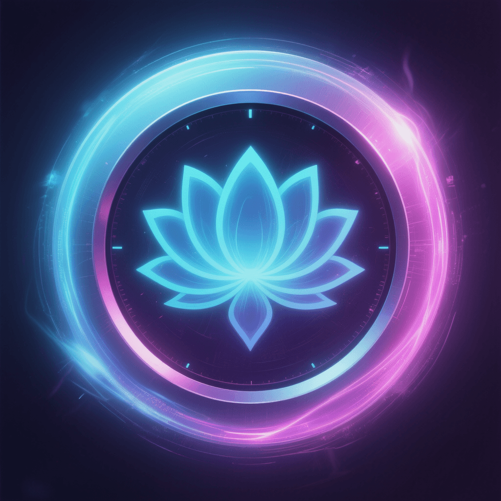 AI generated: circular glowing button design, stylized lotus flower at center in cyan #00D4FF, 
dark purple #2A1B5...