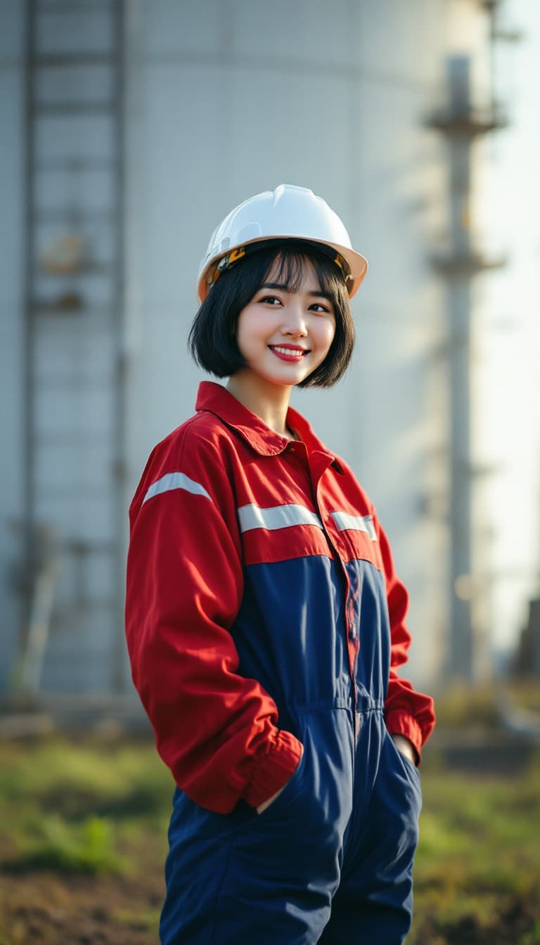 AI generated: A korean woman with black short hair, and a worn a red blue safety coverall for oil and gas working ...