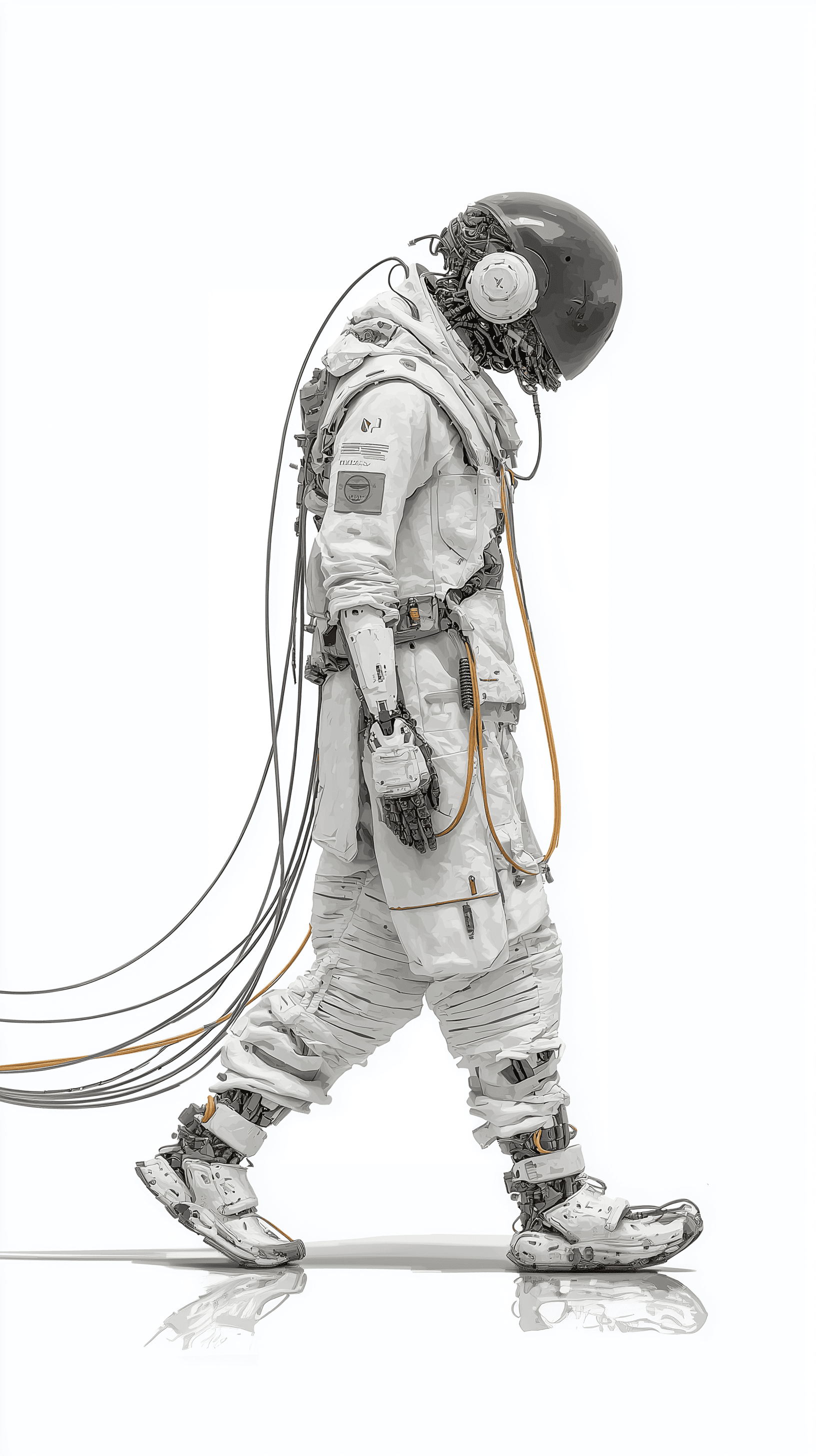 AI generated: memory vault courier character, full-body, wearing translucent cortex mask and mnemonic wiring, thre...