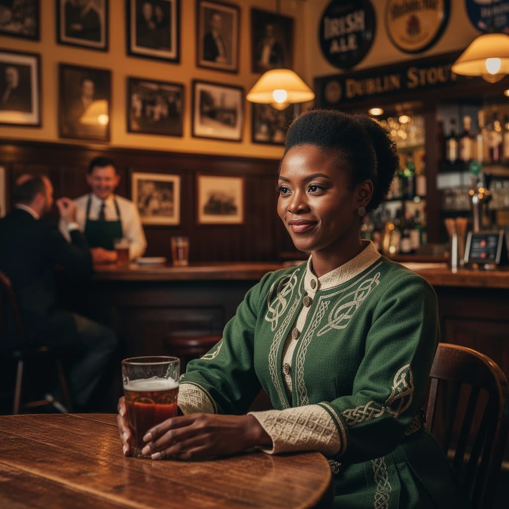 AI generated: A Black Irish woman relaxing inside a warm, welcoming Irish pub, wearing a traditional Irish-inspire...