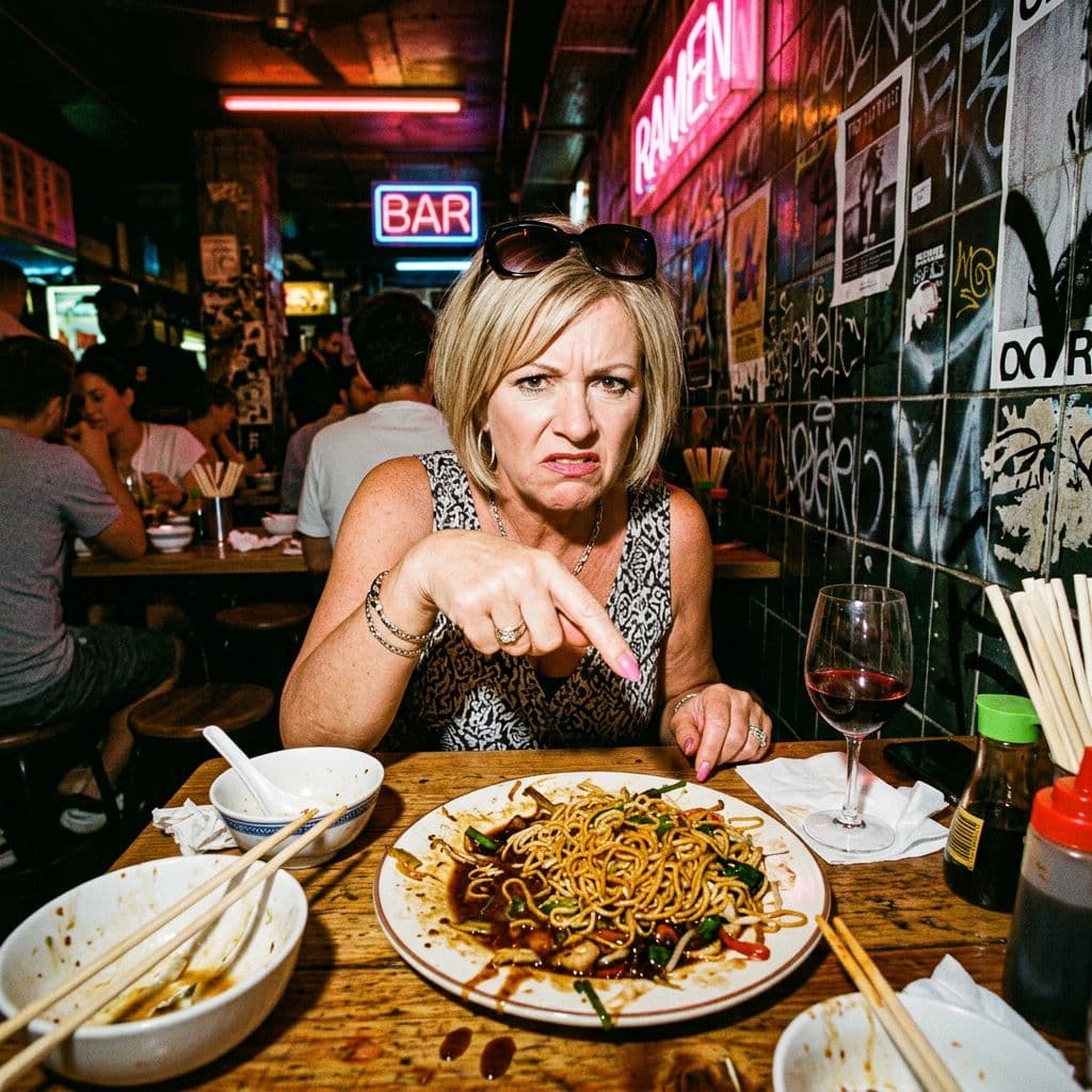 AI generated: urban underground restaurant photography, harsh direct camera flash, nightlife editorial food photog...